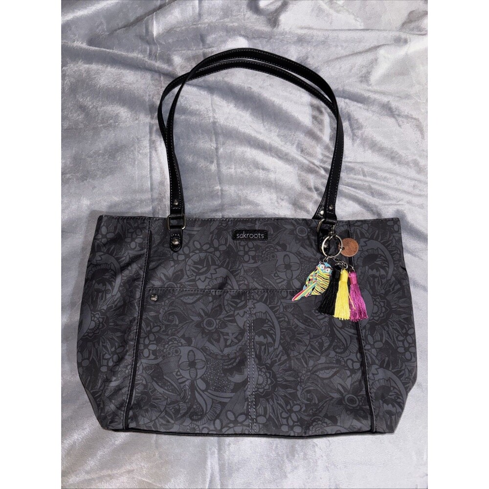 sakroots Black Floral Tote Shoulder Bag Zip Closure Owl Charm Medium